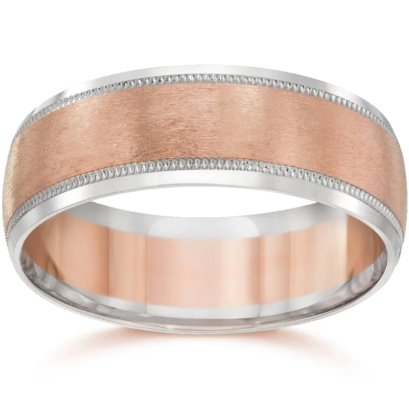 8MM Mens Two Tone 14K Rose Gold Wedding Band