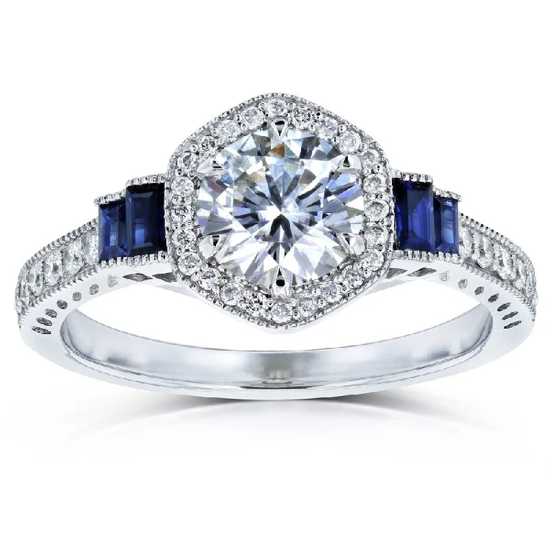 Annello by Kobelli 14k White Gold 1 1/2ct TGW Moissanite Sapphire and Diamond 6-prong Halo Art Deco Ring