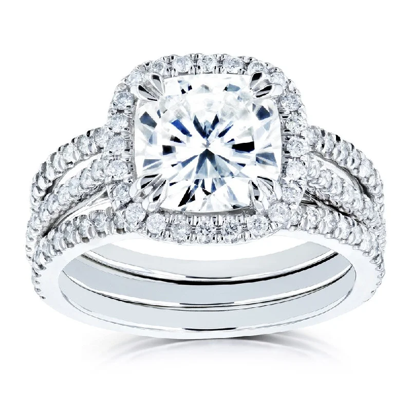 Annello by Kobelli 14k White Gold 2 2/5ct TGW Cushion Forever One Moissanite and Diamond Halo Bridal Rings Set (DEF/VS, GH/I)