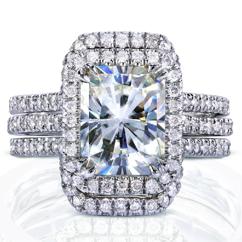 Annello by Kobelli White Gold 3 3/8ct TGW Radiant Moissanite and Diamond Rectangular Halo Bridal Rings Set (3 Piece Set)