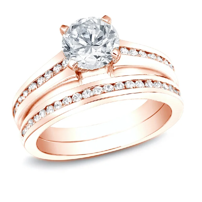 Auriya 14k Rose Gold 1 1/4ctw Classic Diamond Engagement Ring Set Certified