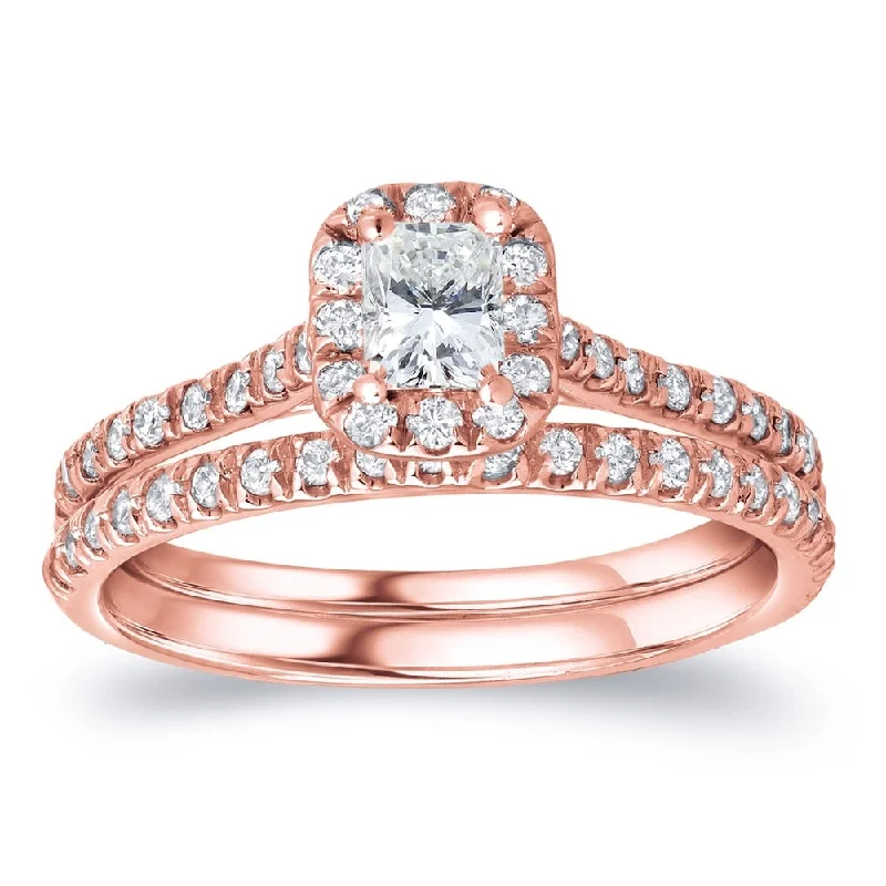 Auriya 14k Rose Gold 1ctw Radiant-cut Halo Diamond Engagement Ring Set