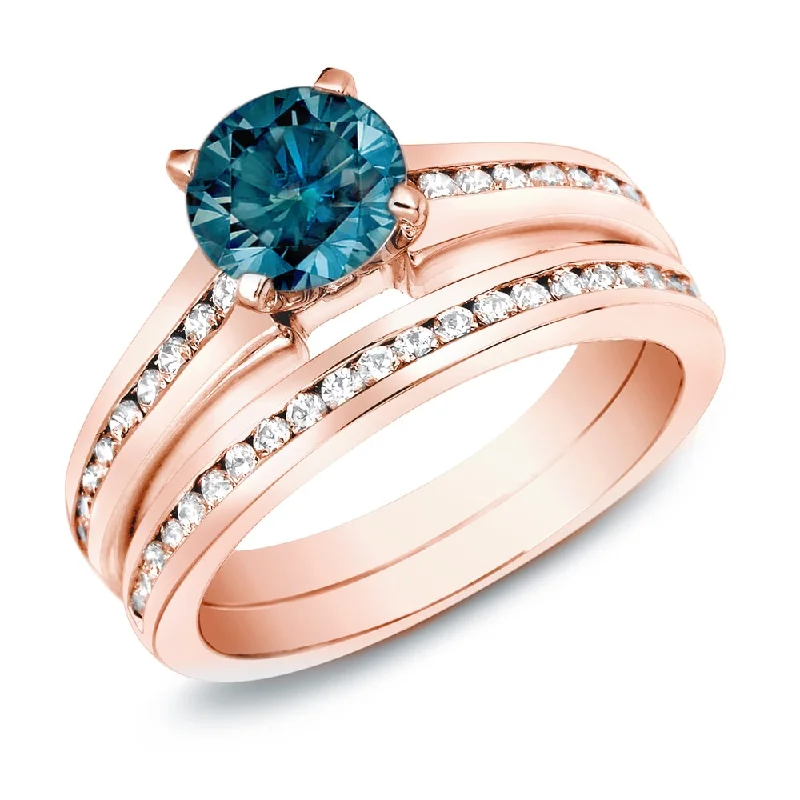 Auriya 14k Rose Gold 1ctw Unique Blue Diamond Engagement Ring Set