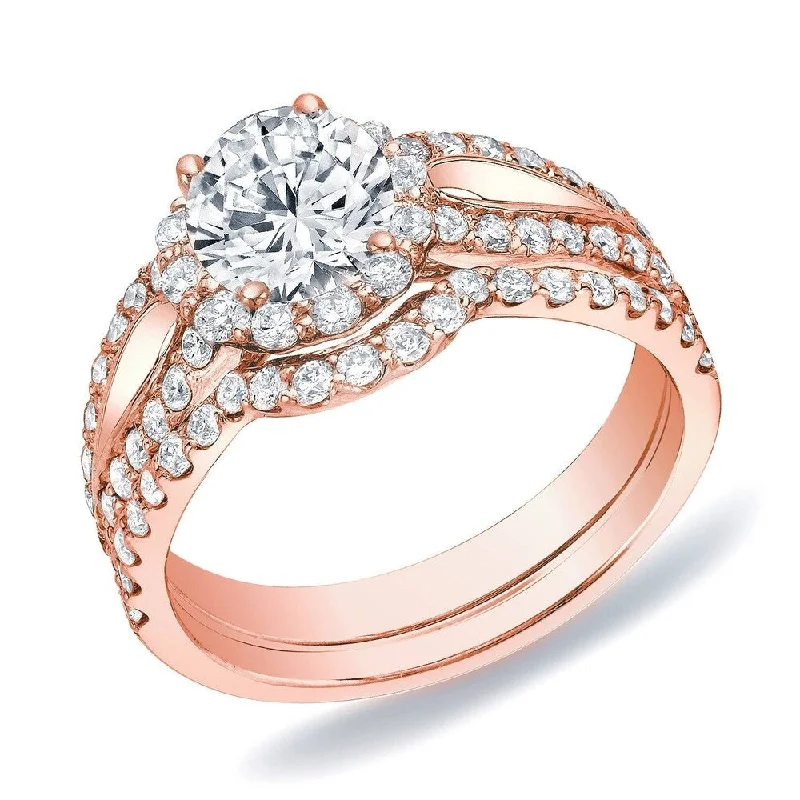 Auriya 14k Rose Gold Modern Split 1 1/2ctw Round Diamond Halo Engagement Ring Set Certified