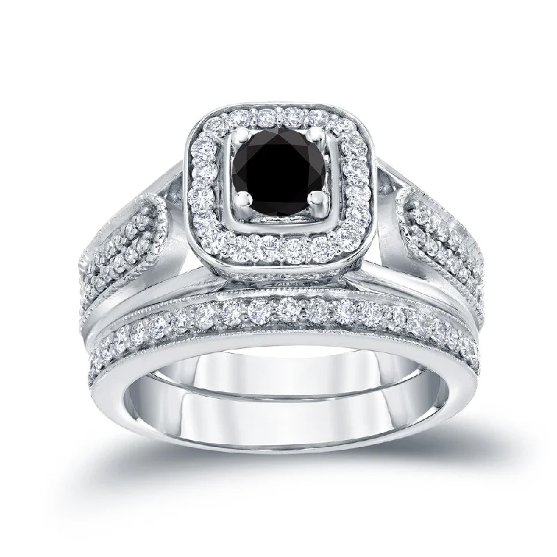 Auriya 3/4ctw Halo Black Diamond Engagement Ring Set 14k Gold