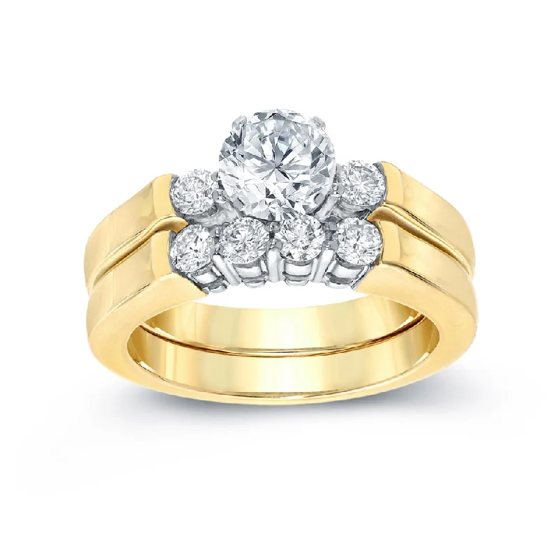 Auriya Classic 1ct TDW Round 3-Stone Diamond Engagement Ring Set 14k Two-Tone Gold Certified