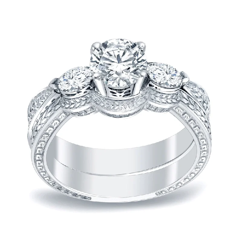 Auriya Platinum 4/5ct TDW Certified Vintage Inspired 3 Stone Diamond Engagement Ring Set