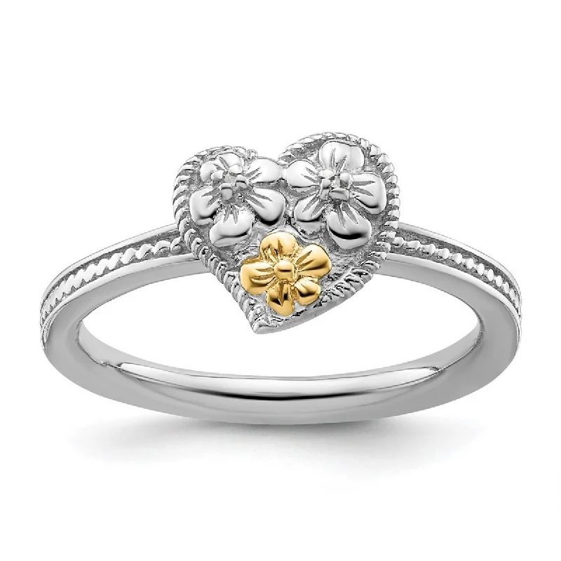 Curata 2.25mm 925 Sterling Silver Polished and 14k Stackable Expressions Diamond Love Heart Ring