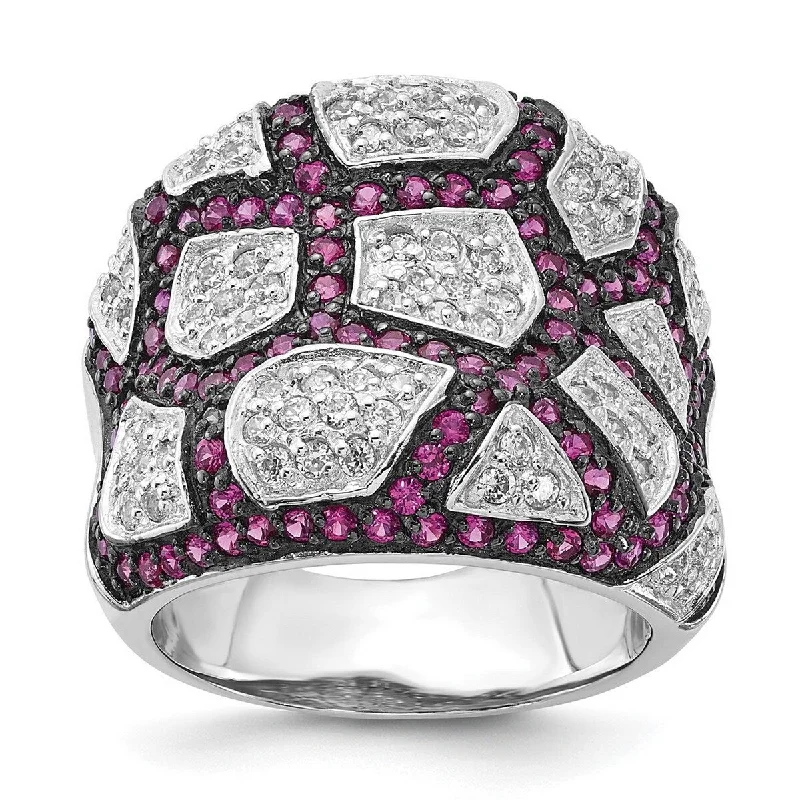 Curata 925 Sterling Silver and Black Rhodium Simulated Ruby And White Cubic Zirconia Ring