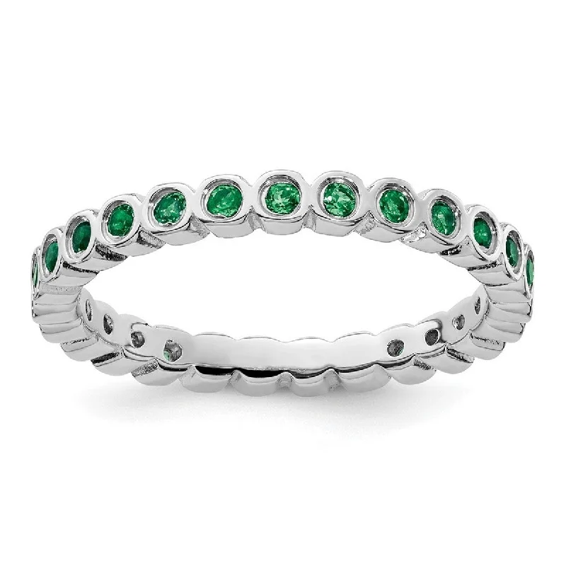 Curata 925 Sterling Silver Bezel Polished Patterned Stackable Expressions Created Emerald Ring