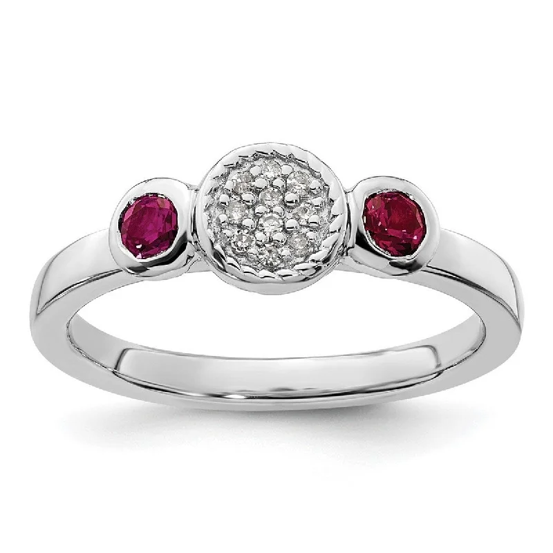 Curata 925 Sterling Silver Bezel Polished Prong set Stackable Expressions Db Round Cr. Ruby and Dia. Ring