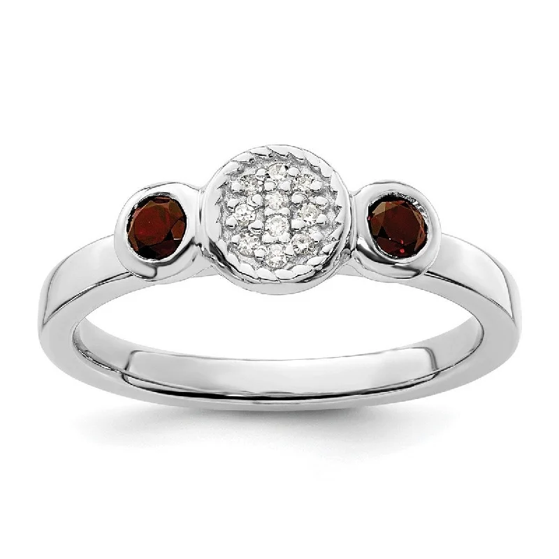 Curata 925 Sterling Silver Bezel Polished Prong set Stackable Expressions Db Round Garnet and Dia. Ring