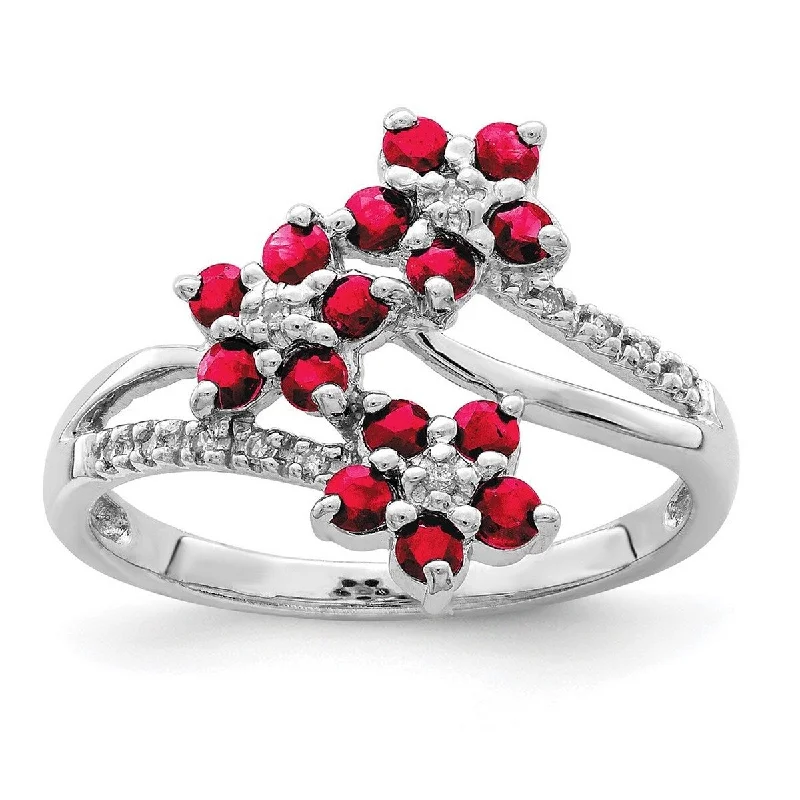 Curata 925 Sterling Silver Polished Open back 3 Flower Ruby and Diamond Ring