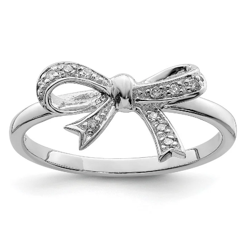 Curata 925 Sterling Silver Polished Open back Rhodium Plated Diamond Bow Ring