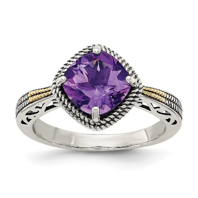 Curata 925 Sterling Silver Polished Prong set With 14k Amethyst Ring