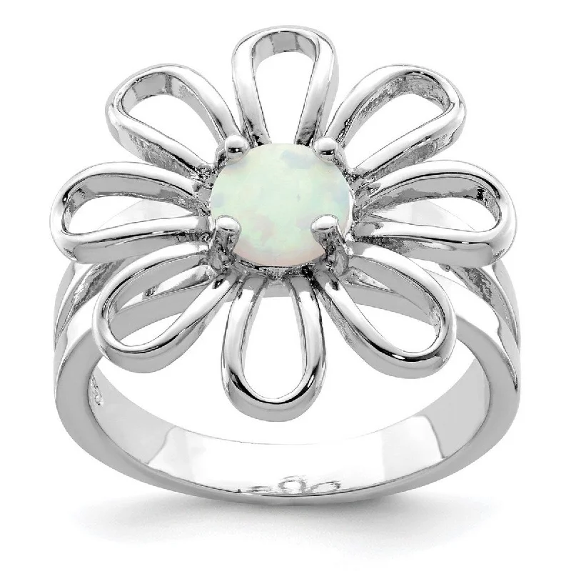 Curata 925 Sterling Silver Polished Simulated Opal Flower Ring