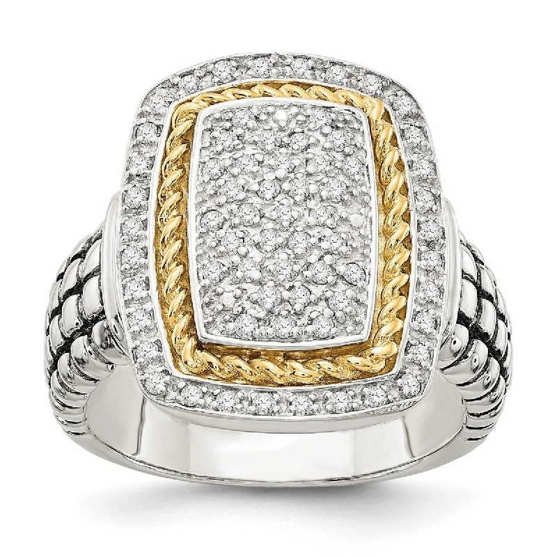 Curata 925 Sterling Silver Textured Polished and 14k Yellow Diamond Ring