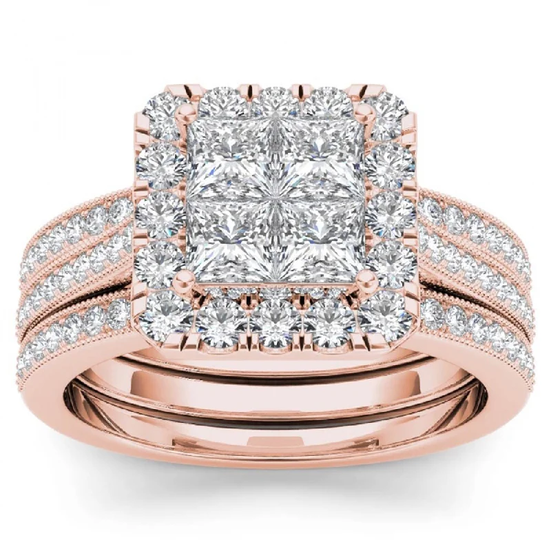 De Couer 14k Rose Gold 1 1/2ct TDW Diamond Halo Bridal Set - Pink