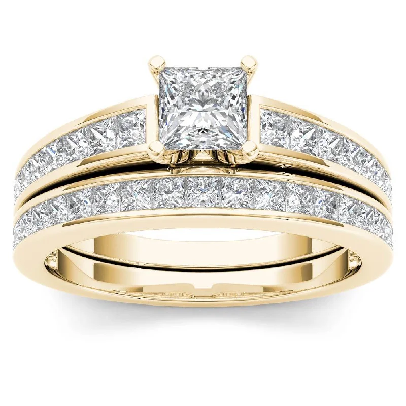 De Couer 14K Yellow Gold 2ct TDW Princess-Cut Diamond Engagement Ring Set