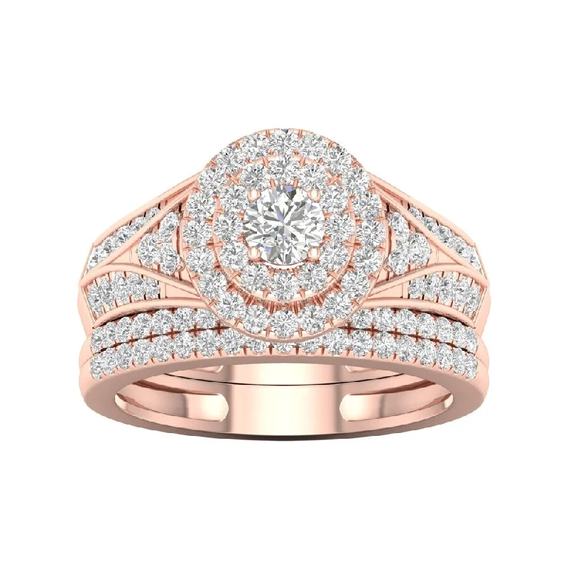 De Couer IGI Certified 1ct TDW Diamond Halo Engagement Ring Set - Pink