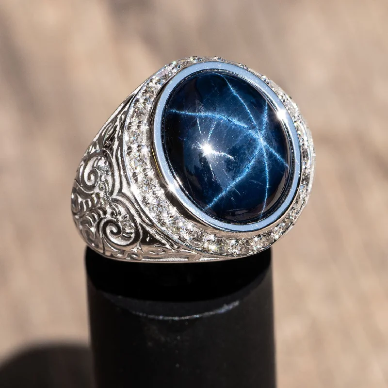 Marlène - 13.00 carat blue oval star sapphire diamond ring for men with 1.14 carat natural diamonds