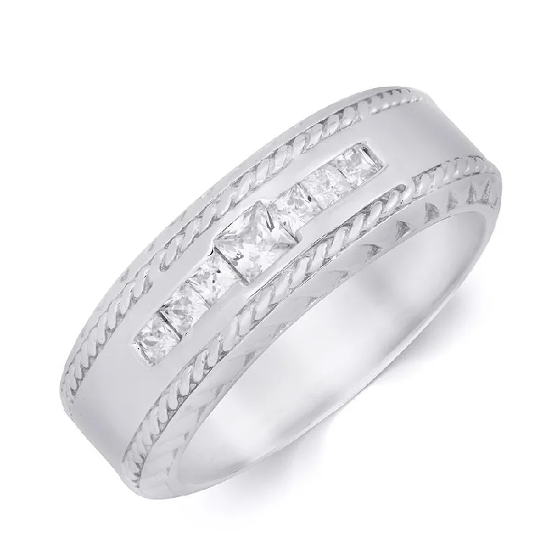 Mens 1/4 Carat Princess Cut Comfort Fit Wedding Band Ring Silver