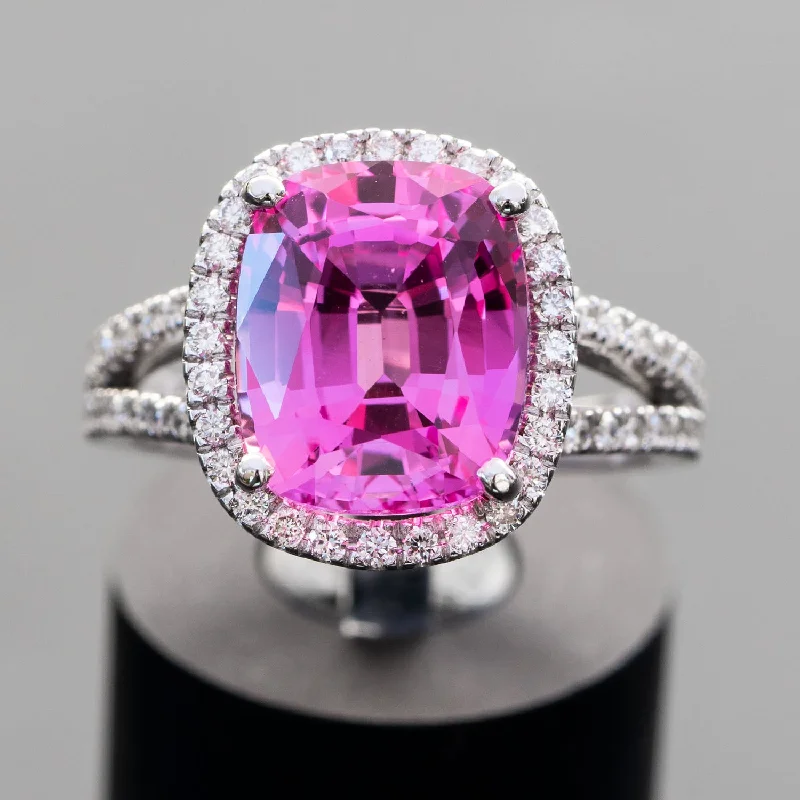 Mia - 7.50 carat cushion pink sapphire ring with 0.50 carat natural diamonds