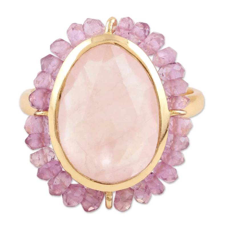 Novica Handmade Rose Oasis Gold-Plated Amethyst And Rose Quartz Cocktail Ring