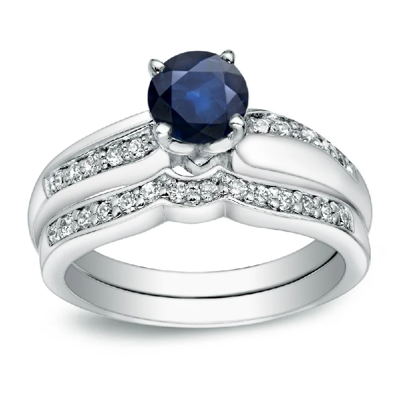 Platinum Round 3/4ct Sapphire and 1/4ct TDW Diamond Engagement Ring Set by Auriya