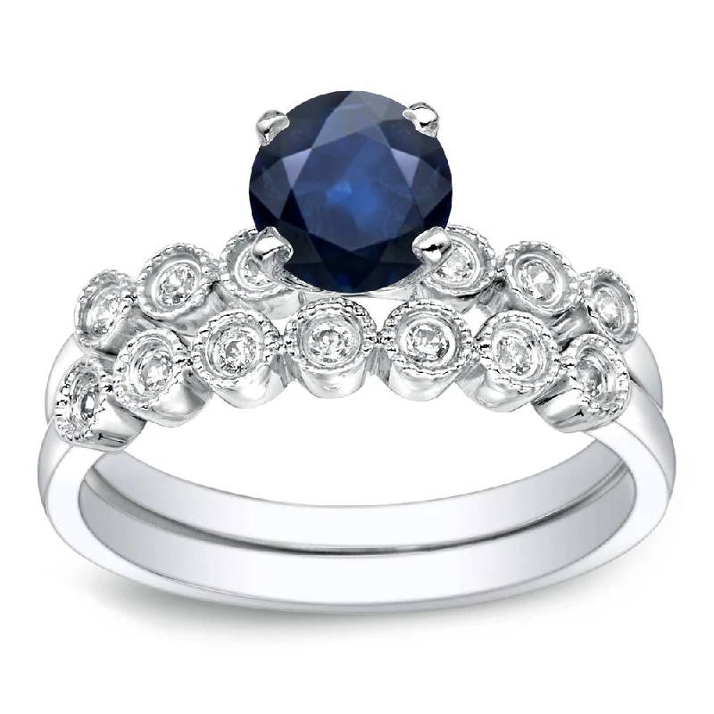 Platinum Round 4/5ct Blue Sapphire and 1/5ct TDW Diamond Engagement Ring Set by Auriya