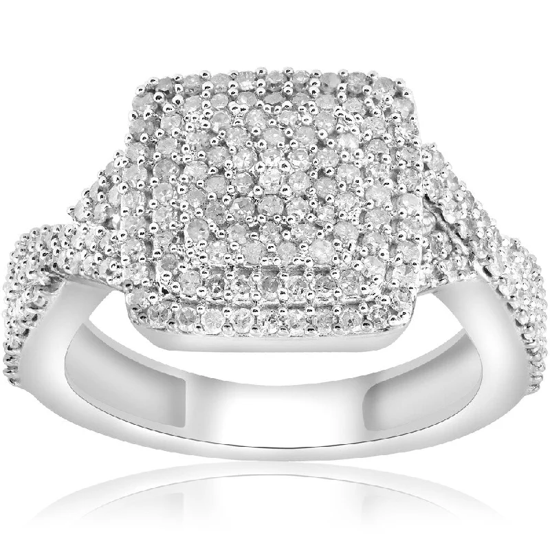 Pompeii3 10k White Gold 5/8 Ct TDW Cushion Halo Interwoven Diamond Engagement Ring