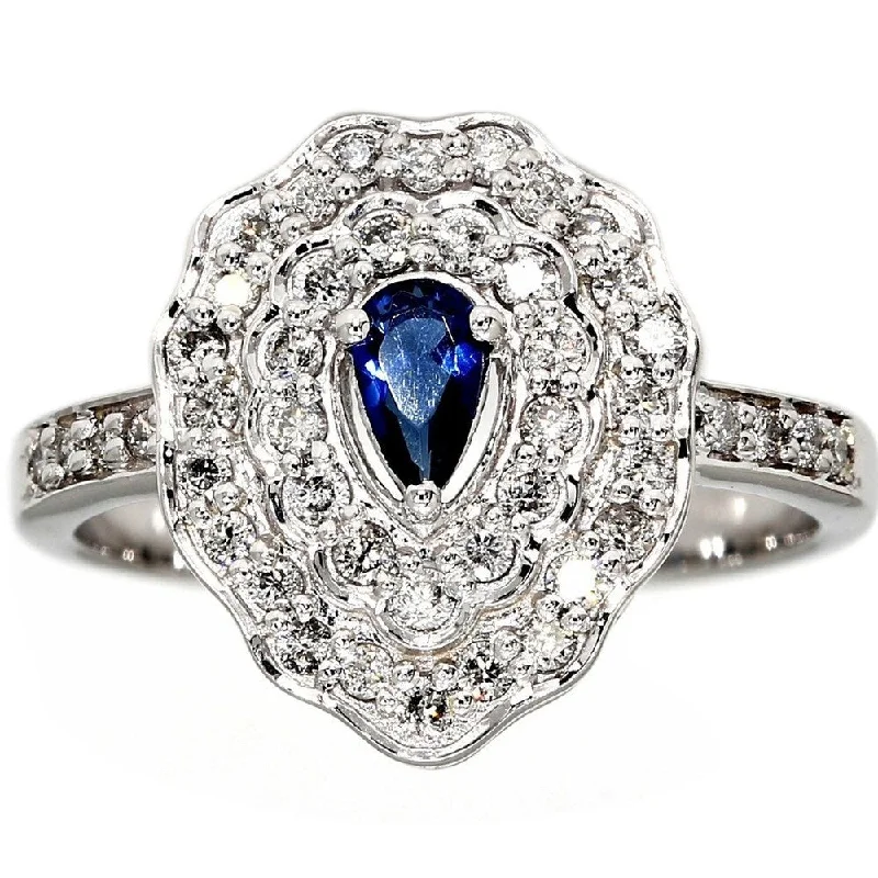 Pompeii3 10k White Gold .75 Ct TDW Pear Shape Blue Sapphire Halo Vintage Engagement Ring White Gold