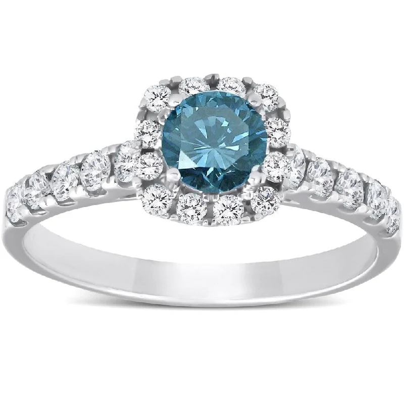 Pompeii3 14k White Gold 1 Ct TDW Blue Diamond Cushion Halo Engagement Ring