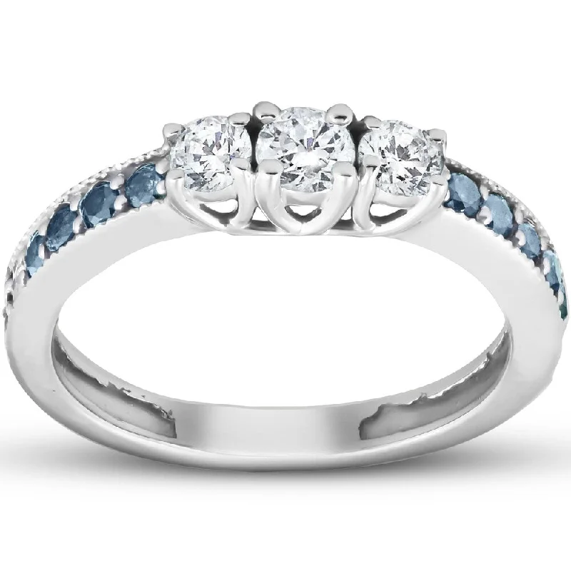 Pompeii3 14k White Gold Blue & White Diamond Three Stone Engagement Anniversary Ring