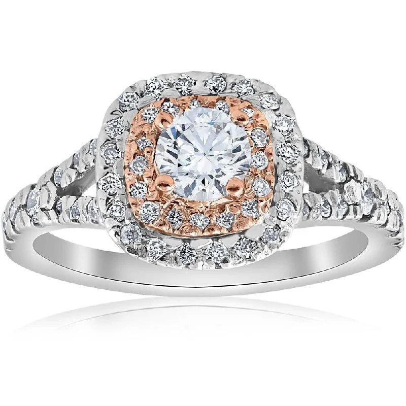 Pompeii3 14k White & Rose Gold 1 ct TDW Cushion Halo Diamond Engagement Ring