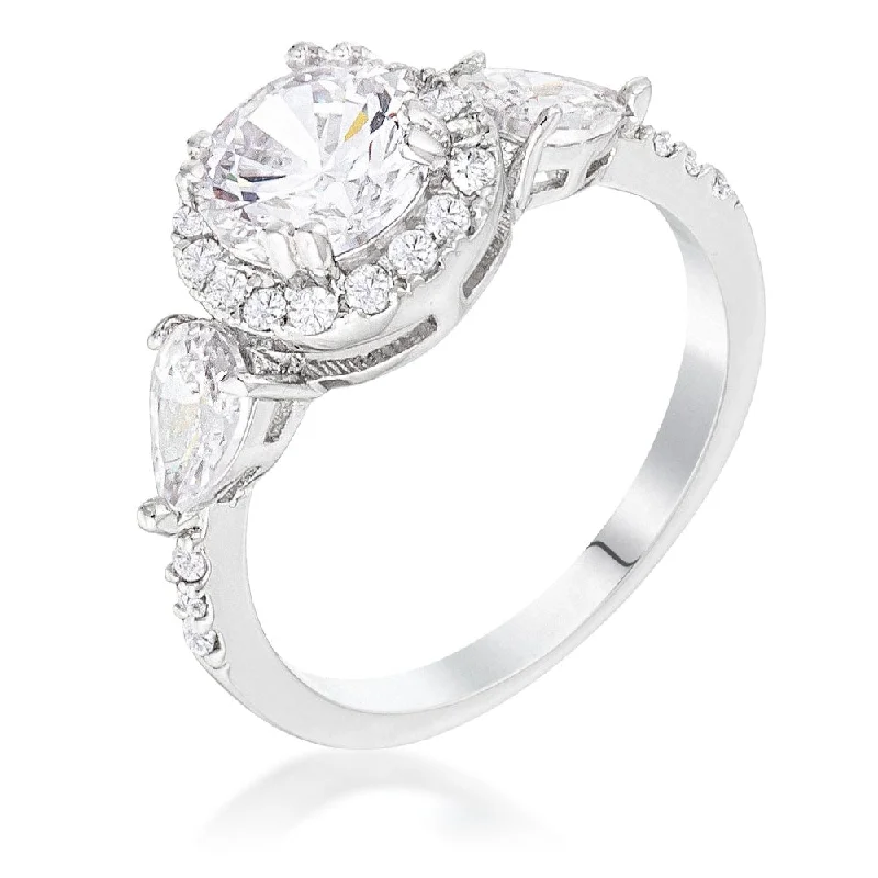 Rhodium Plated 3-Stone Clear CZ Round Halo Pear Engagement Ring