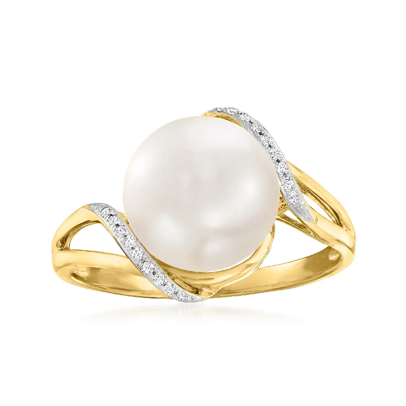 Ross-Simons 10-10.5mm Cultured Pearl Wave Ring With Diamond Accents in 14kt Yellow Gold