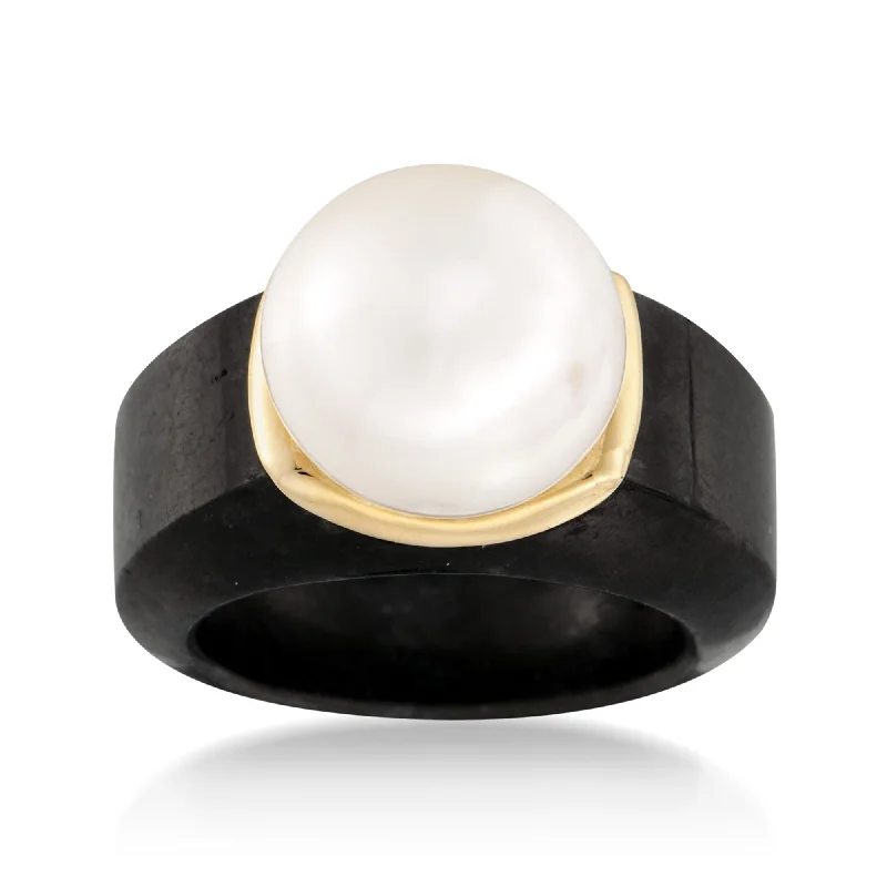 Ross-Simons 13-13.5mm Cultured Pearl Ring in Black Jade and 14kt Yellow Gold