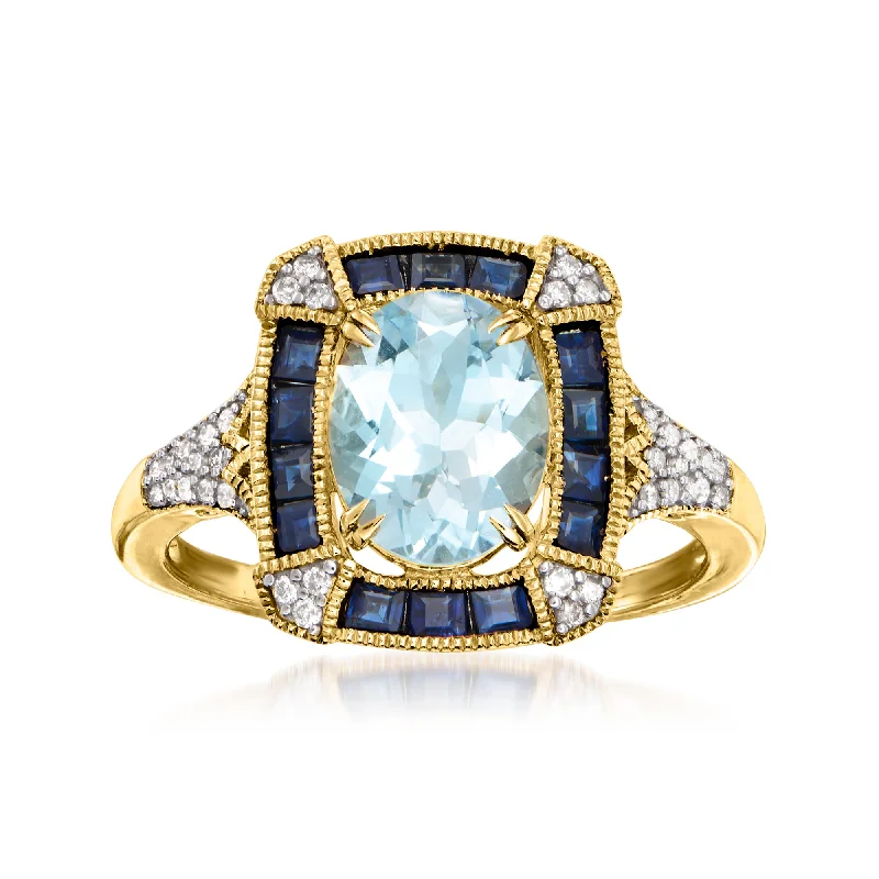 Ross-Simons Aquamarine and . Sapphire Ring With . Diamonds in 14kt Yellow Gold