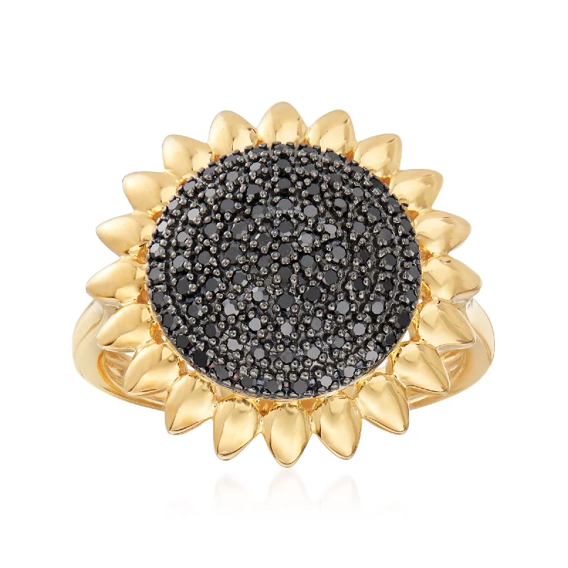 Ross-Simons Black Diamond Sunflower Ring in 18kt Gold Over Sterling