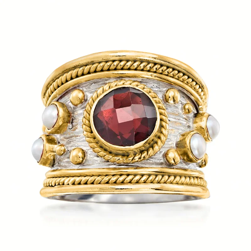 Ross-Simons Garnet and 3mm Cultured Pearl Ring in Sterling Silver and 18kt Gold Over Silver