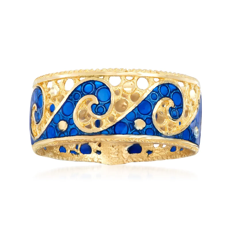 Ross-Simons Italian 14kt Yellow Gold Wave Ring With Blue Enamel