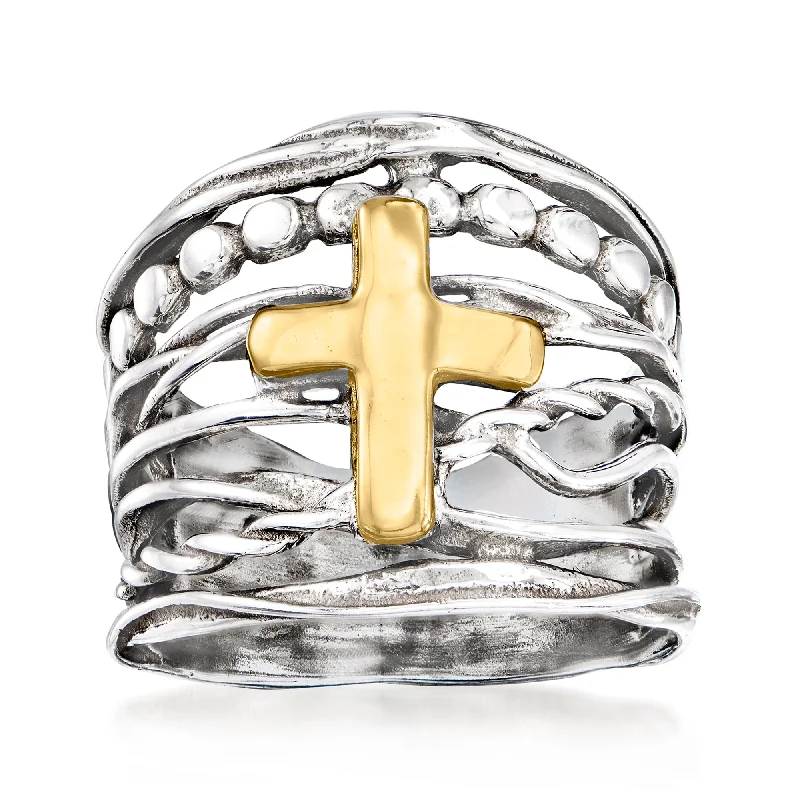 Ross-Simons Sterling Silver and 14kt Yellow Gold Multi-Row Cross Ring