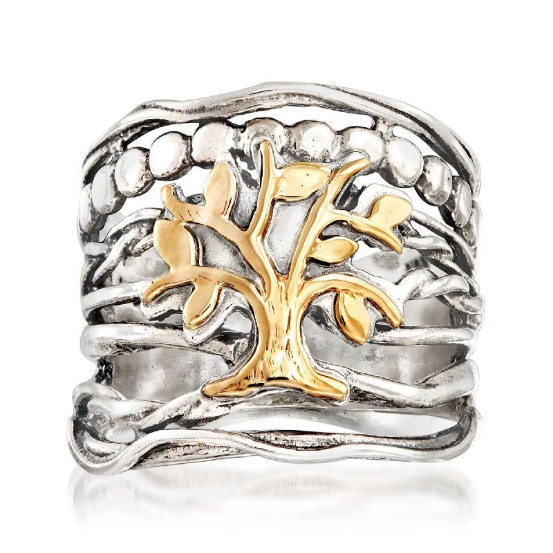 Ross-Simons Sterling Silver and 14kt Yellow Gold Multi-Row Tree Of Life Ring