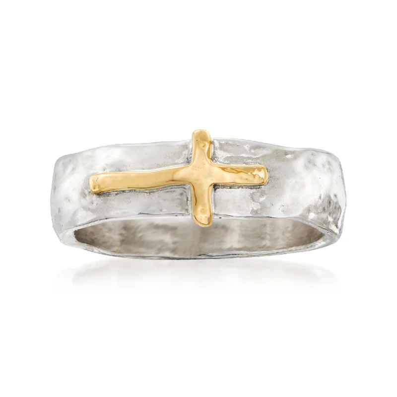 Ross-Simons Sterling Silver and 14kt Yellow Gold Sideways Cross Ring