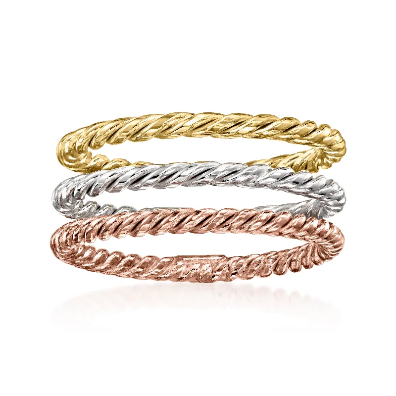 Ross-Simons 18kt Tri-Colored Gold Jewelry Set: 3 Rope-Textured Rings