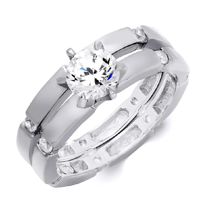 Sterling Silver 0.50 CT Cubic Zirconia Bridal Set Round Cut Band Ring