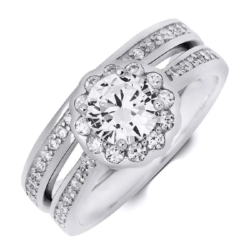 Sterling Silver 1.15 Carat Flower Design Bridal Ring Set Comfort Fit