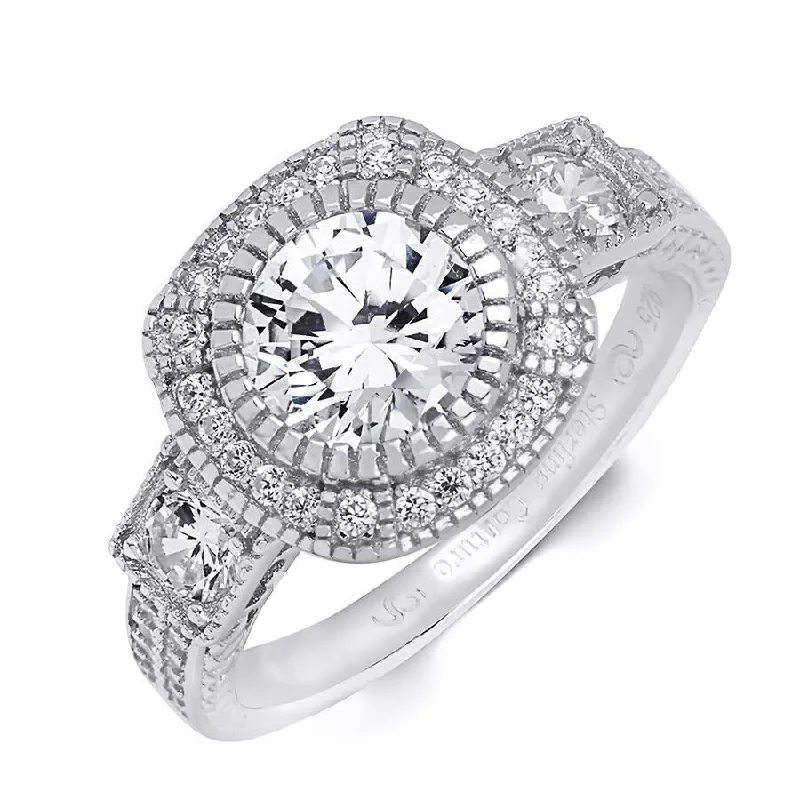 Sterling Silver Cubic Zirconia Bridal Ring 3.0 Carat Halo Round Cut