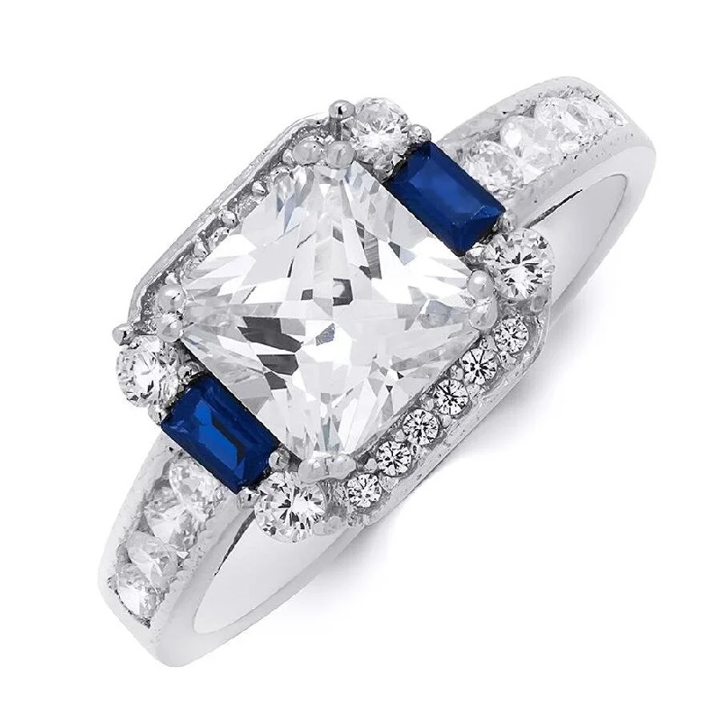 Sterling Silver Princess Cut Bridal Ring Blue Sapphire Cubic Zirconia